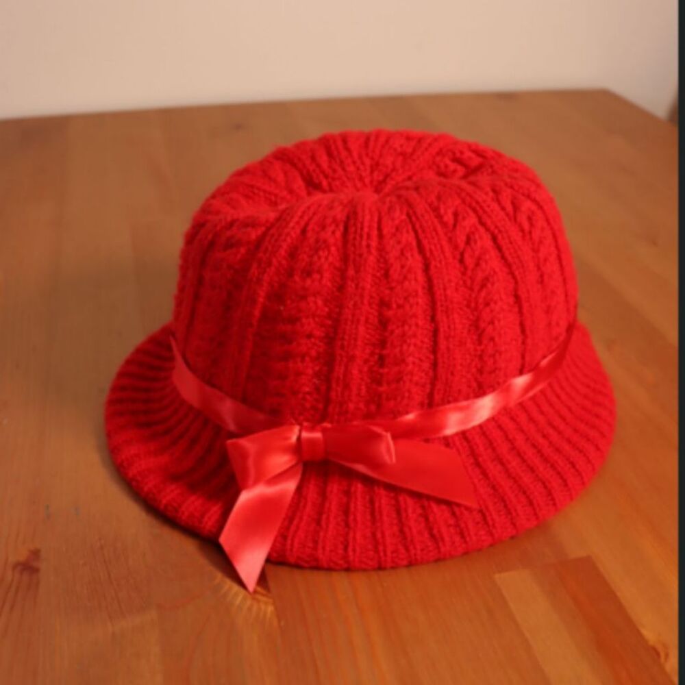 Vintage Aris Red Knit Bucket Hat Ribbon Bow Women's One Size